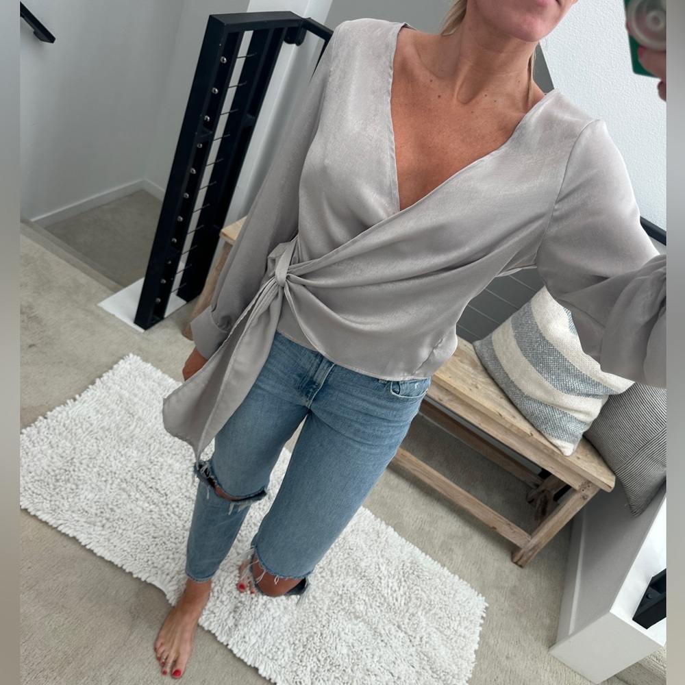 Miss love silver gray wrap long sleeve v neck blouse top business casual NWT M - Picture 3 of 15